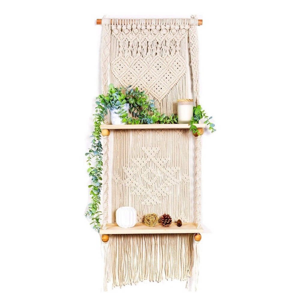 Macrame Wall Hanging Handmade Woven Boho Shelf 2 Tier Natural White (Bx X)